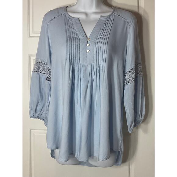 Intro Tops - Intro Pale Blue Pleated Crochet 3/4 Sleeve Boho Peasanr Cottage Top PM